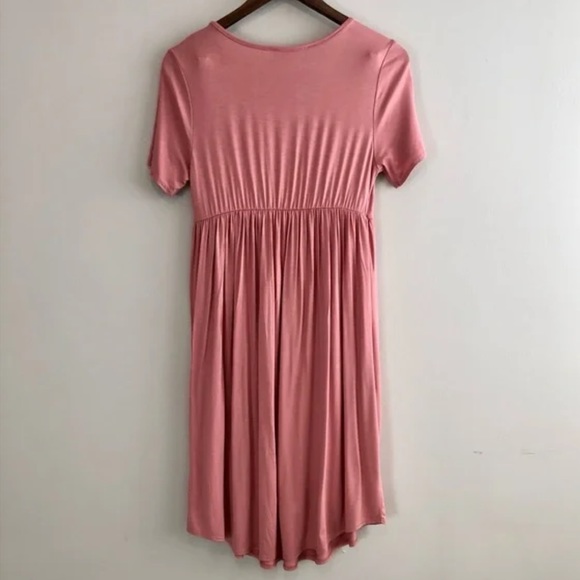 From Palmer Preppy Soft Stretchy Flowy Empire Waist Short Sleeve Midi Dress Pink - Picture 3 of 9